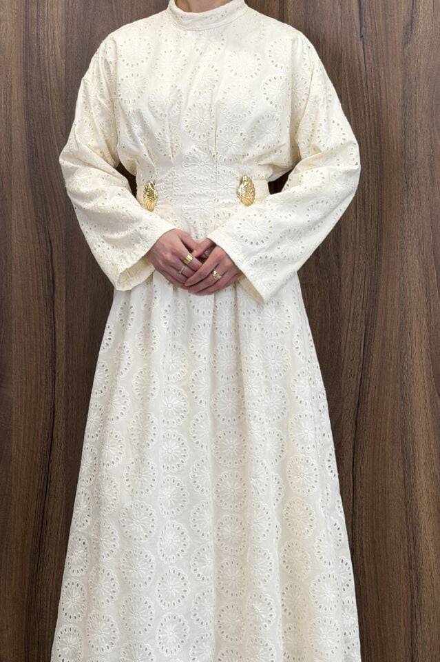 Ekru Dantel Güpürlü Perla Elbise