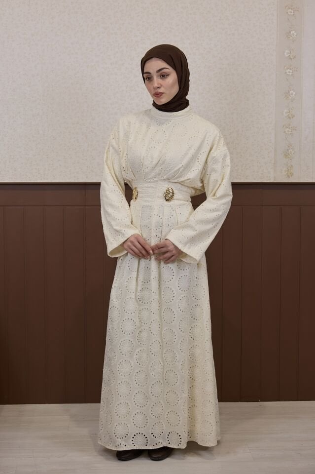 Ekru Dantel Güpürlü Perla Elbise