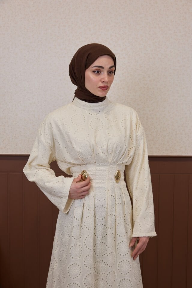 Ekru Dantel Güpürlü Perla Elbise