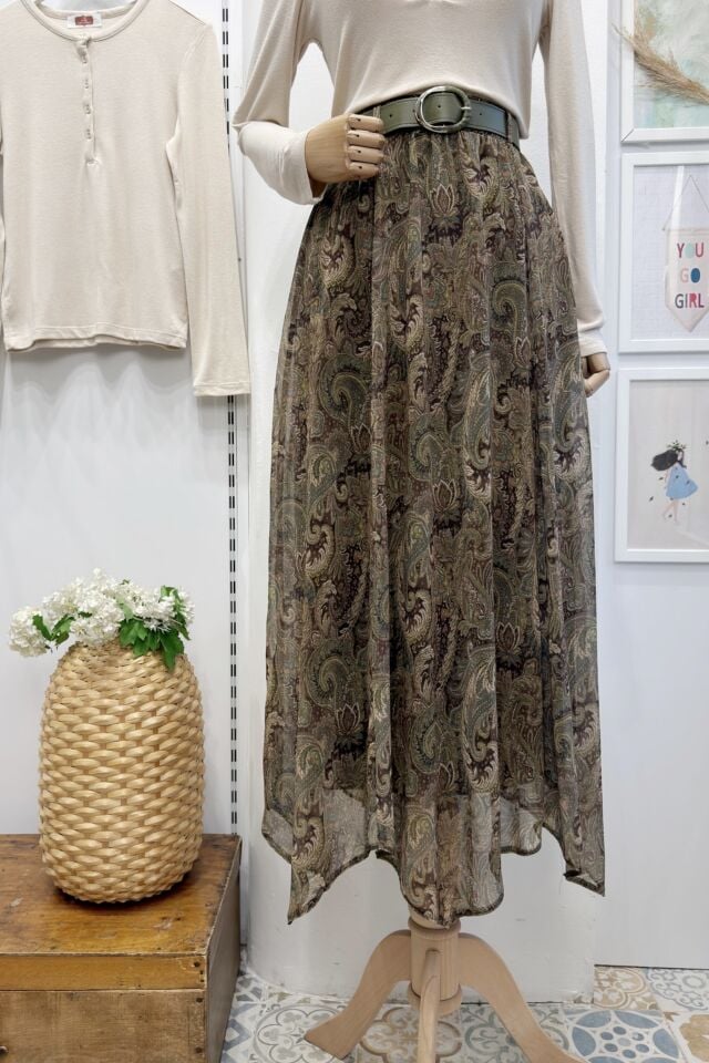 Asimetrik Kesim Yeşil Şal Desen Şifon Etek