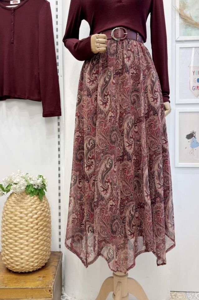 Asimetrik Kesim Bordo Şal Desen Şifon Etek