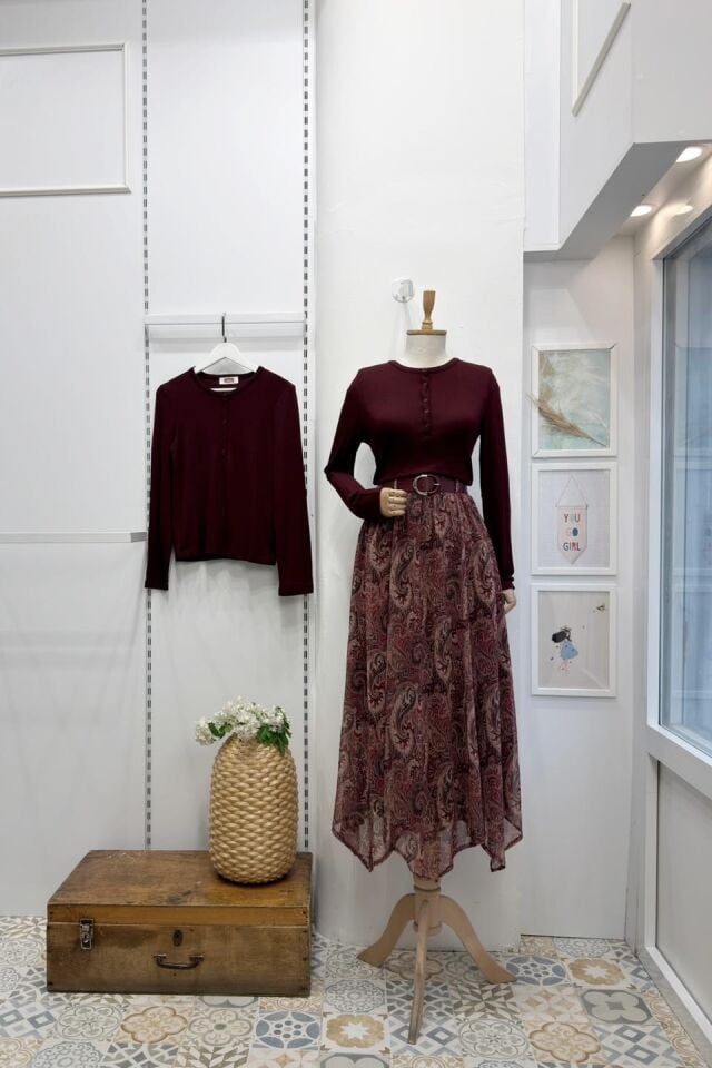 Asimetrik Kesim Bordo Şal Desen Şifon Etek