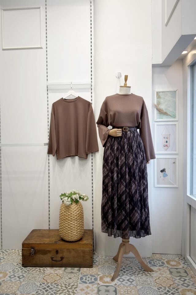 Kahverengi Ekose Desenli Maria Tül Etek