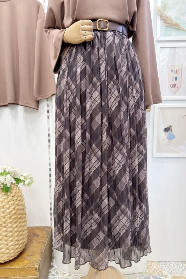 Kahverengi Ekose Desenli Maria Tül Etek