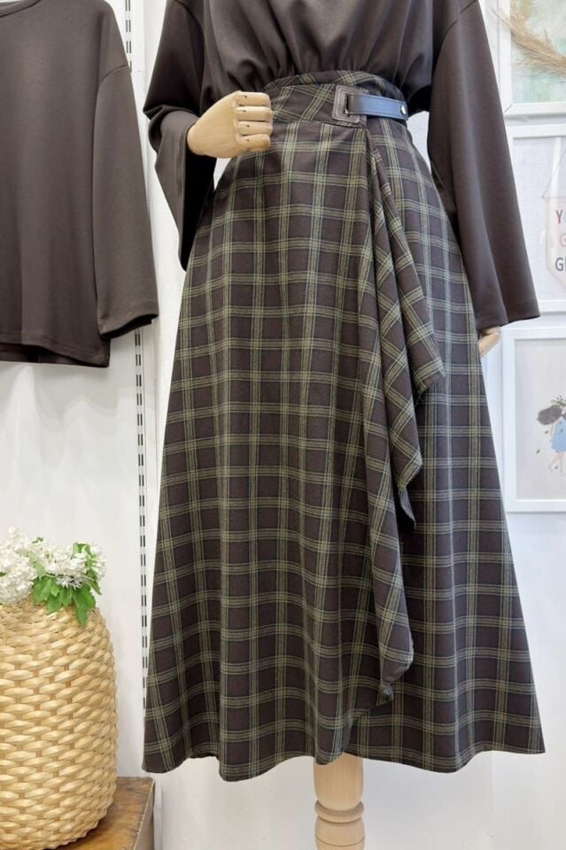 Kahverengi Yeşil Ekoseli Anvelop Heather Etek