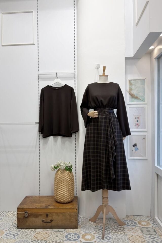 Kahverengi Yeşil Ekoseli Anvelop Heather Etek