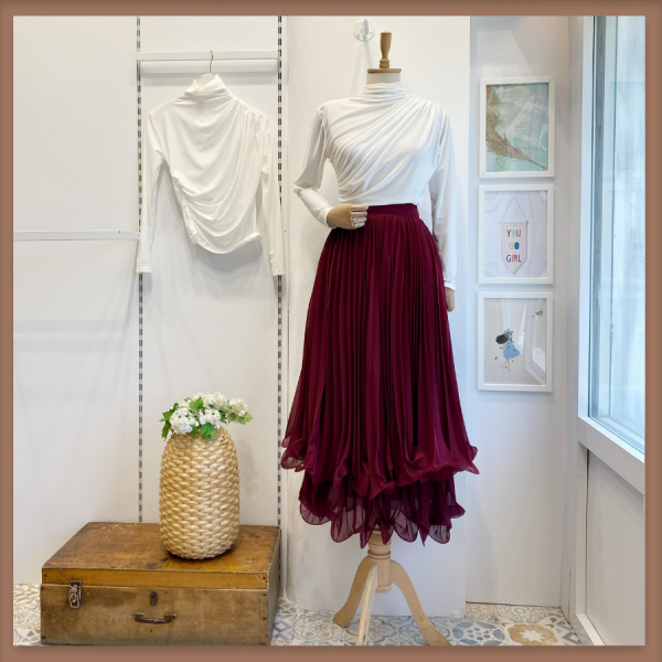 Bordo Çift Kat Piliseli Şifon Etek