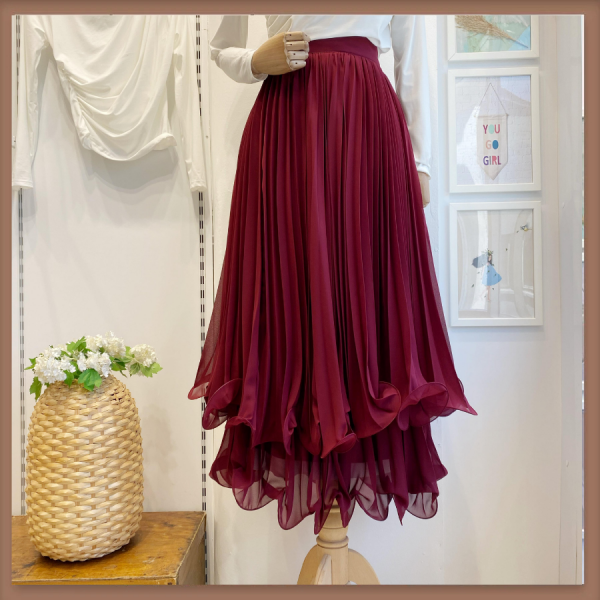 Bordo Çift Kat Piliseli Şifon Etek