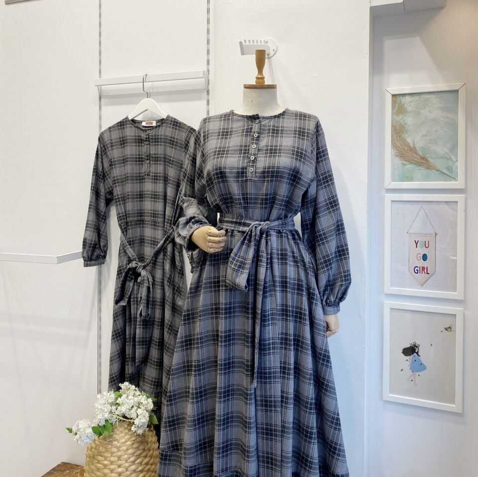 Gri Ekoseli Sweety Elbise