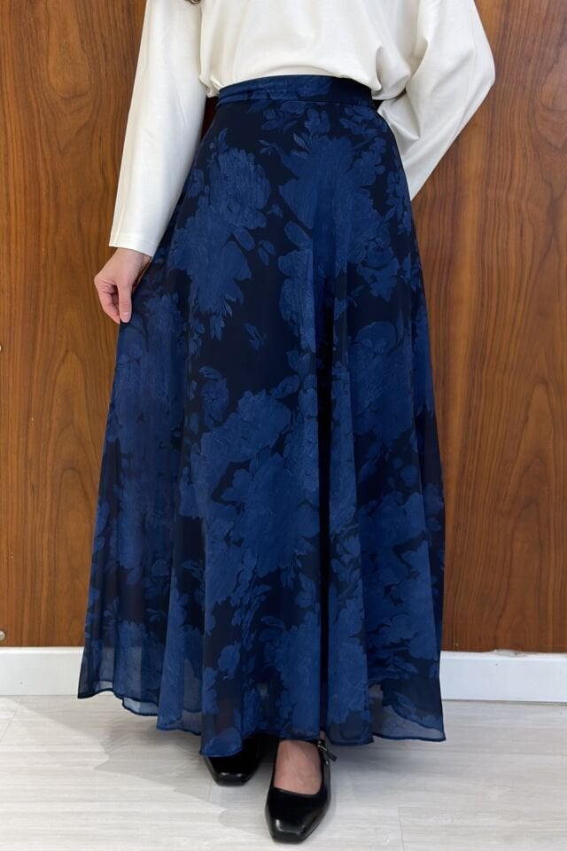 Lacivert Desenli Flowy Şifon Etek