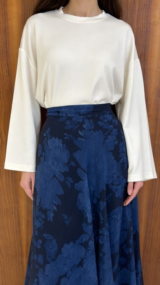 Lacivert Desenli Flowy Şifon Etek