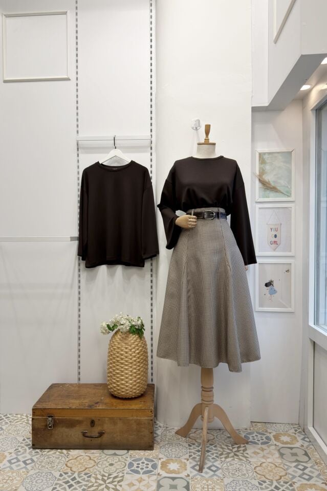 Acı Kahve Deri Kemerli Kazayağı Desenli Etek