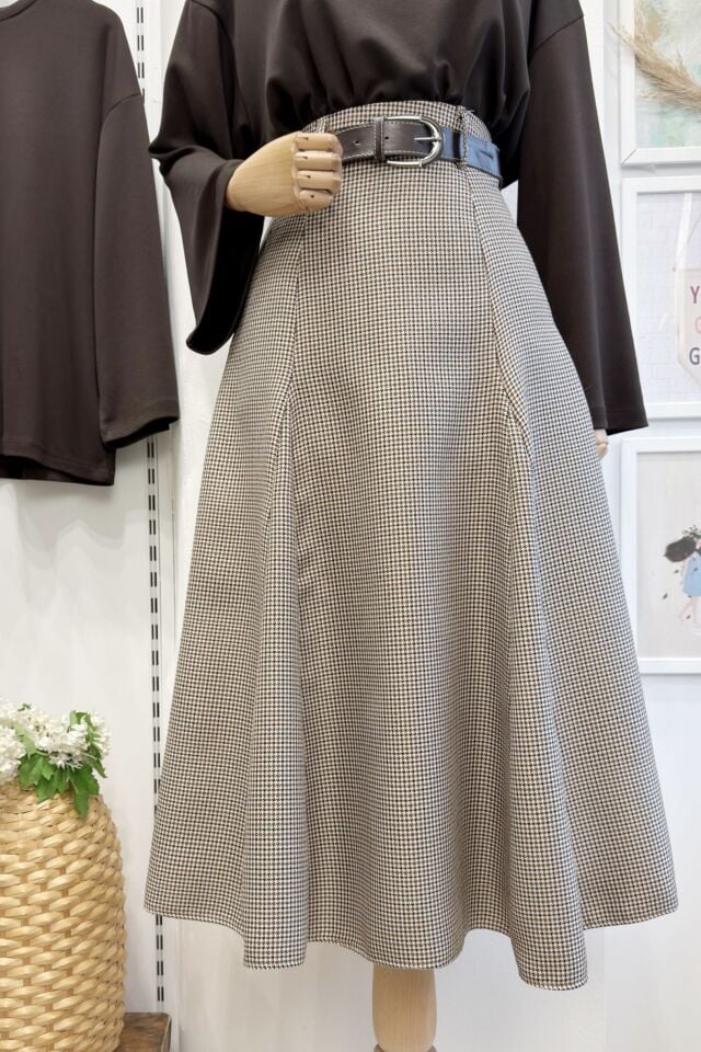 Acı Kahve Deri Kemerli Kazayağı Desenli Etek