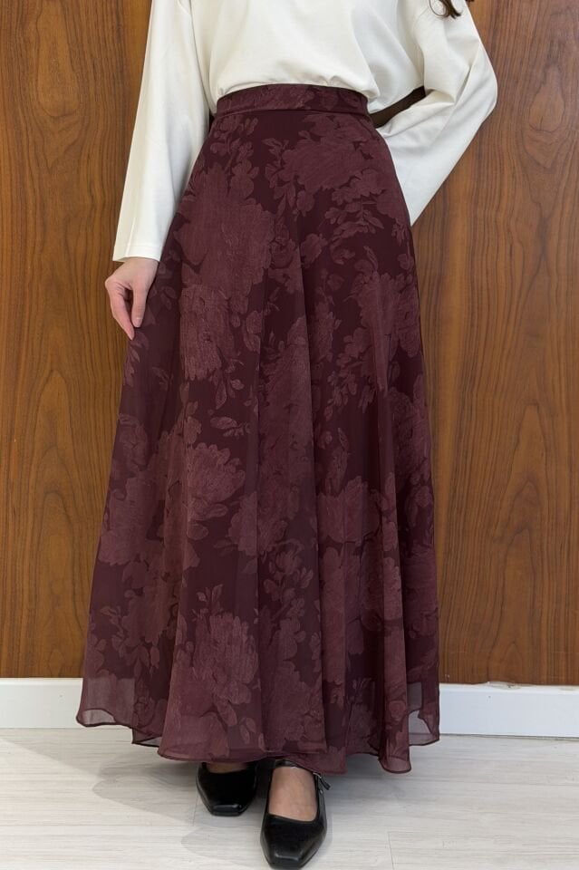 Bordo Desenli Flowy Şifon Etek