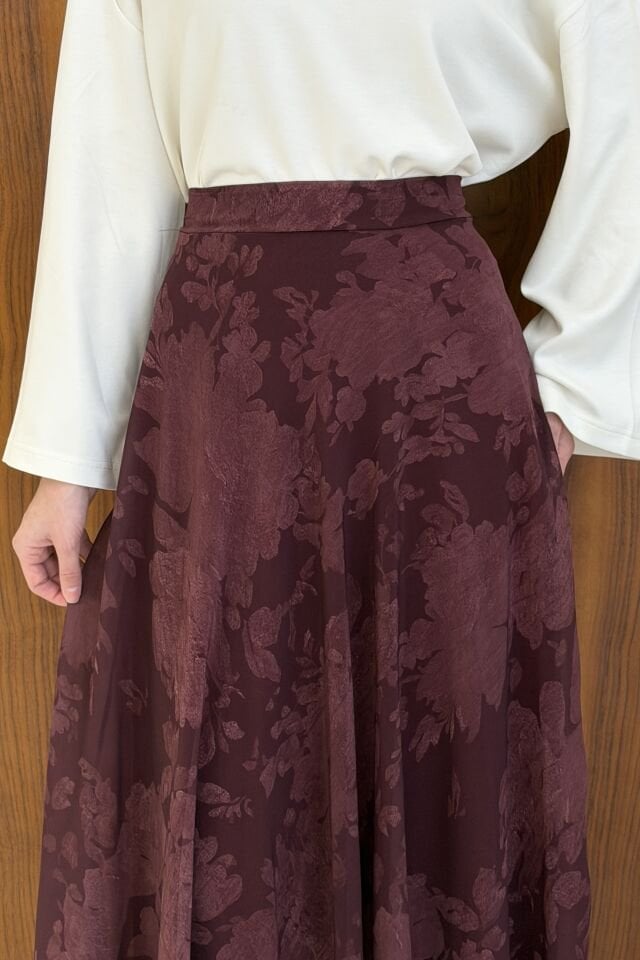 Bordo Desenli Flowy Şifon Etek