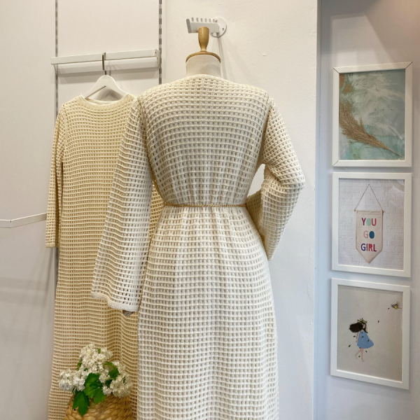 Krem Cheri Örme Triko Elbise