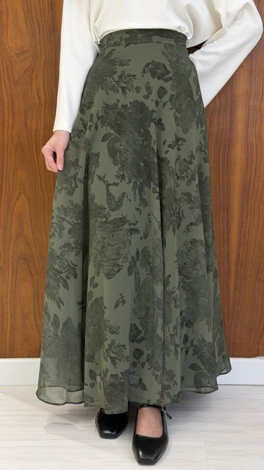 Yeşil Desenli Flowy Şifon Etek