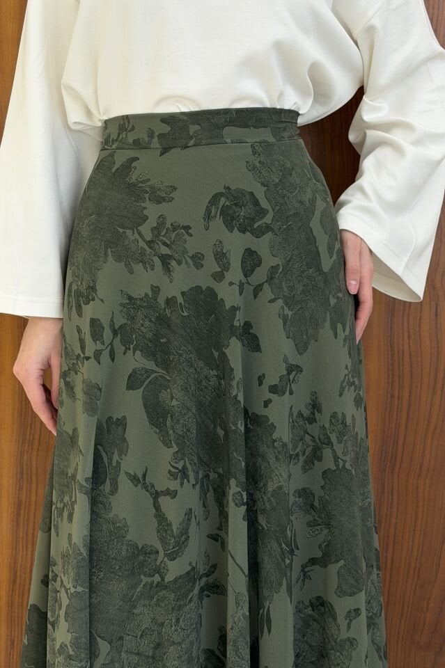 Yeşil Desenli Flowy Şifon Etek