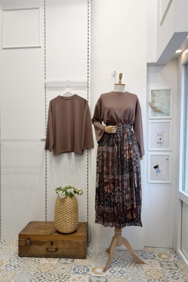 Kahverengi Patchwork Desenli Şifon Etek