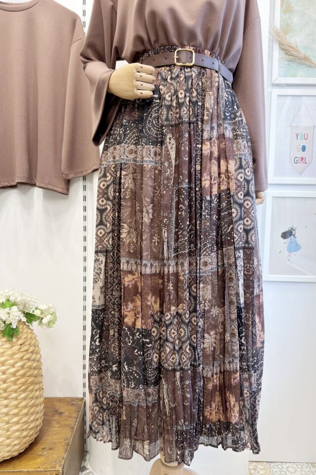 Kahverengi Patchwork Desenli Şifon Etek