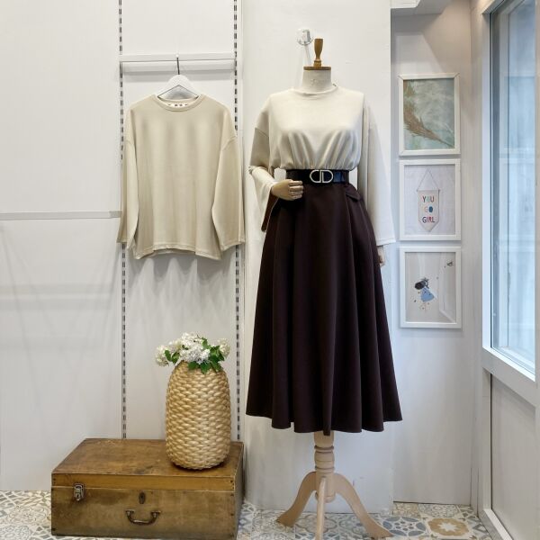 Kemer Detaylı Kahverengi Crep Etek