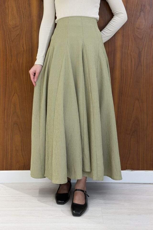 Minik Ekoseli Yeşil Vual Keten Etek