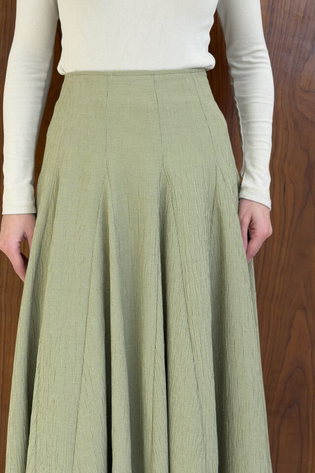 Minik Ekoseli Yeşil Vual Keten Etek