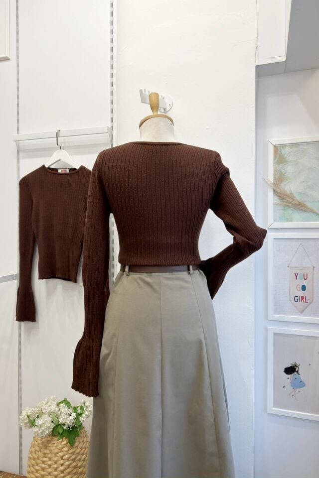 Kahverengi Beli Lastikli Triko Bluz