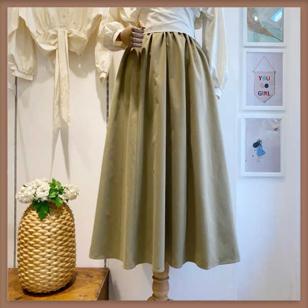 Dal Yeşili Beli Lastikli Poplin Etek