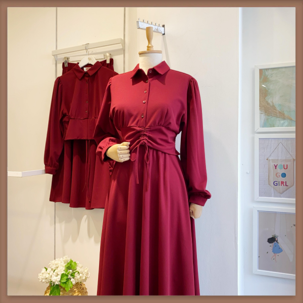 Bordo Beli Büzgülü Crep Takım