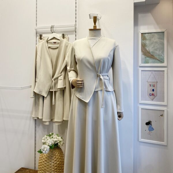 Krem Scuba Kumaş Anvelop Ceketli Takım