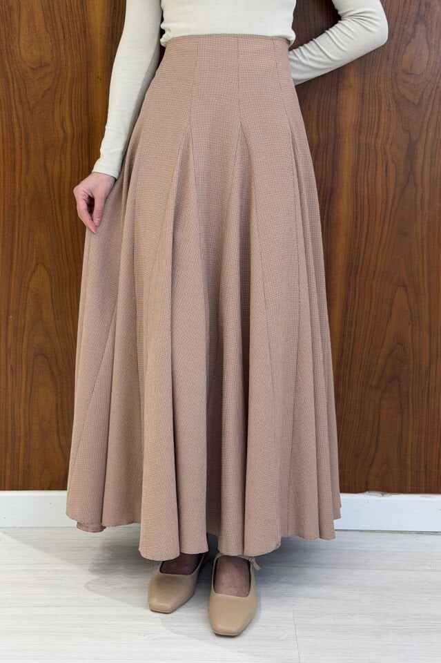 Minik Ekoseli Koyu Bej Vual Keten Etek