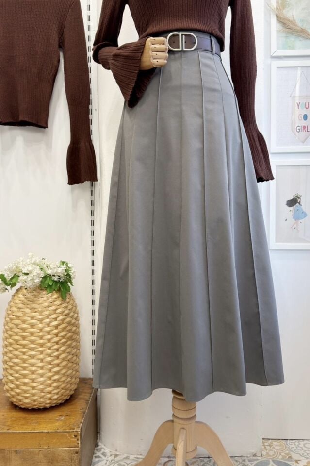 Gri Deri Kemerli Gabardin Etek
