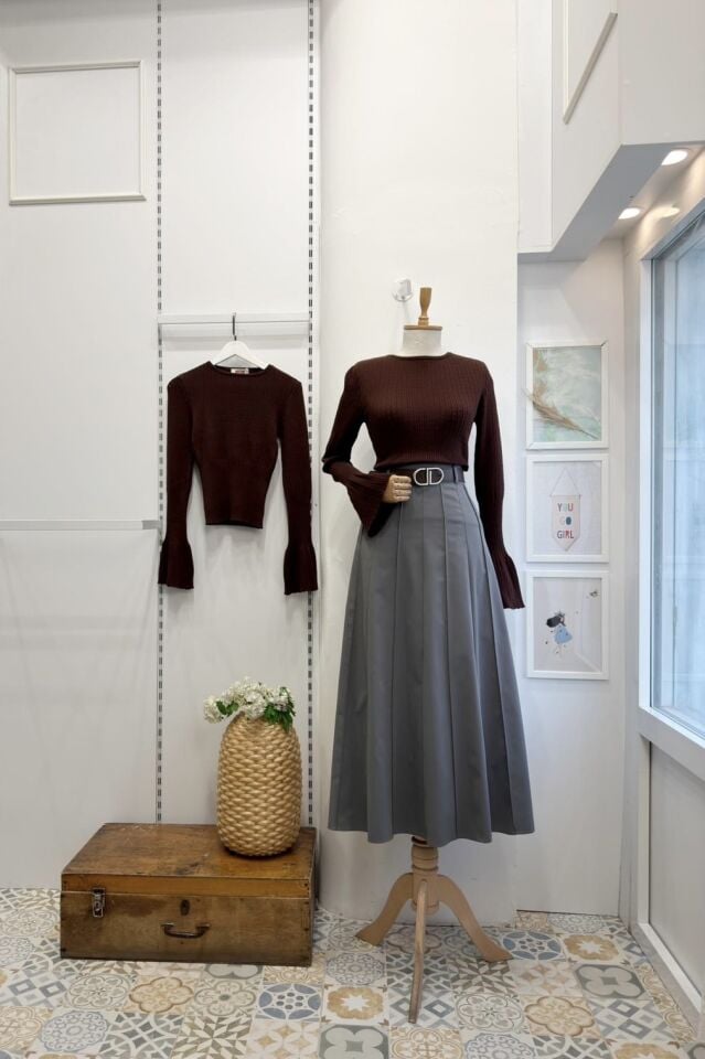 Gri Deri Kemerli Gabardin Etek