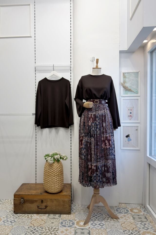 Bordo Patchwork Desenli Şifon Etek