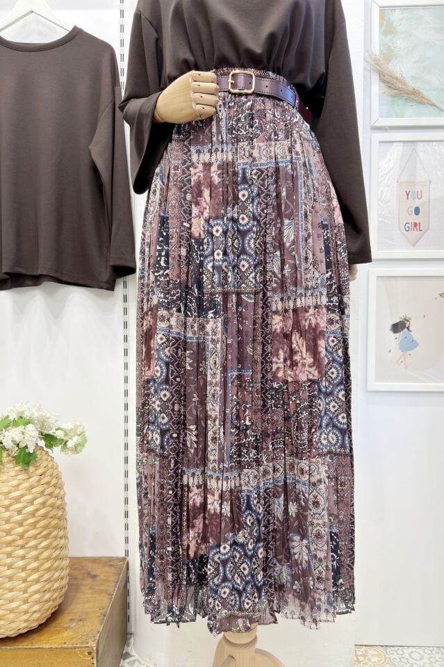 Bordo Patchwork Desenli Şifon Etek