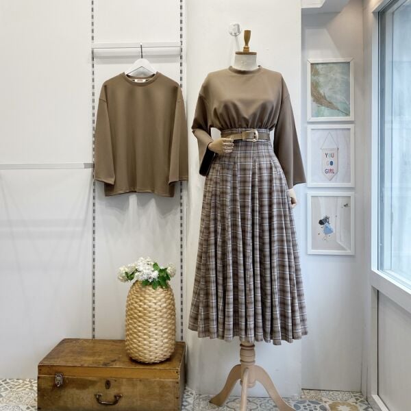 Sütlü Kahve Kemer Detaylı Ekoseli Grazia Etek