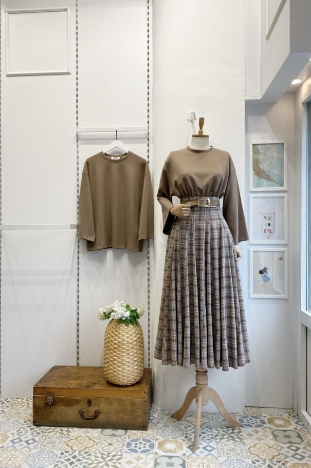 Sütlü Kahve Kemer Detaylı Ekoseli Grazia Etek