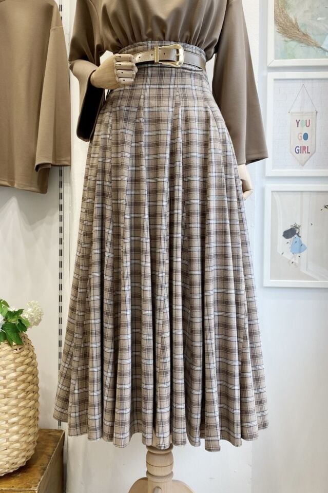 Sütlü Kahve Kemer Detaylı Ekoseli Grazia Etek