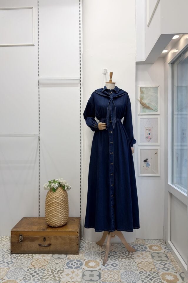 Denizci Yaka Önü Düğmeli Kot Elbise