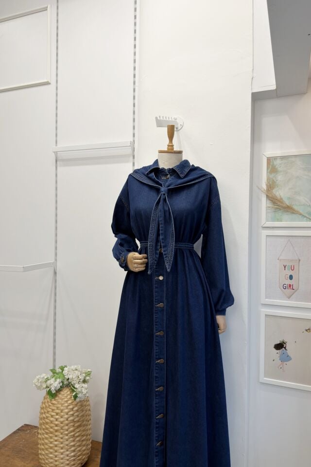 Denizci Yaka Önü Düğmeli Kot Elbise