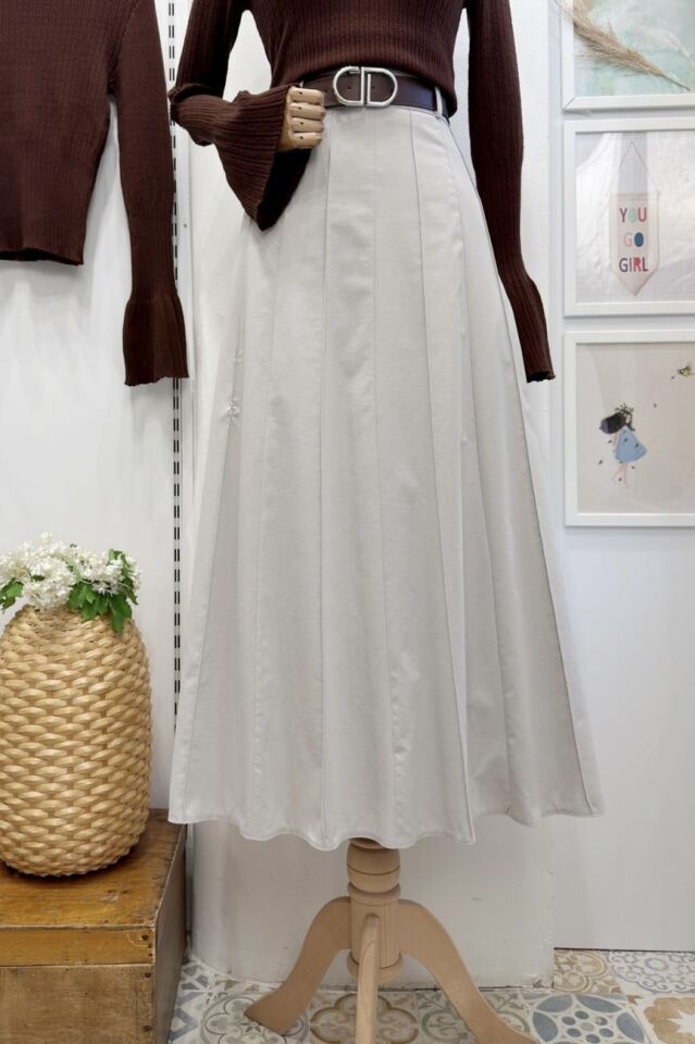 Krem Deri Kemerli Gabardin Etek