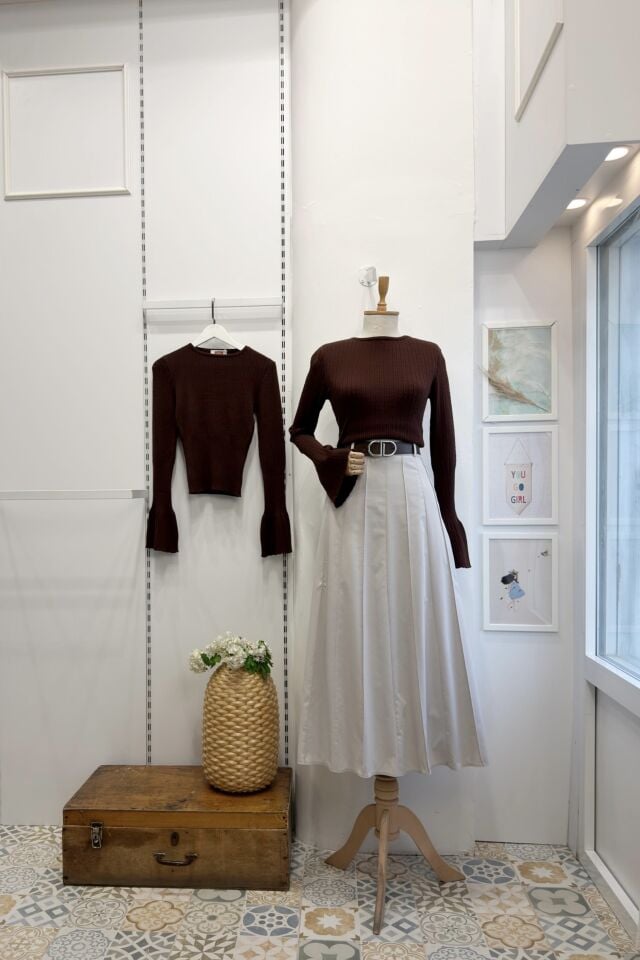 Krem Deri Kemerli Gabardin Etek