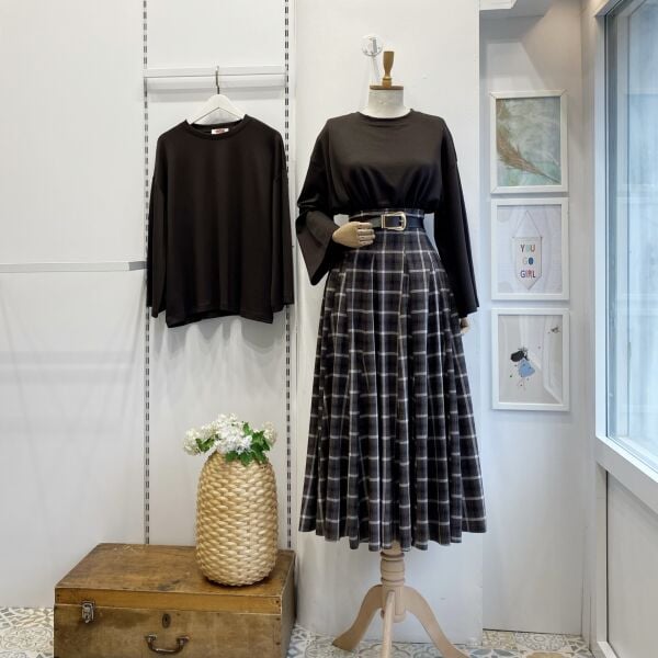 Kahverengi Kemer Detaylı Ekoseli Grazia Etek