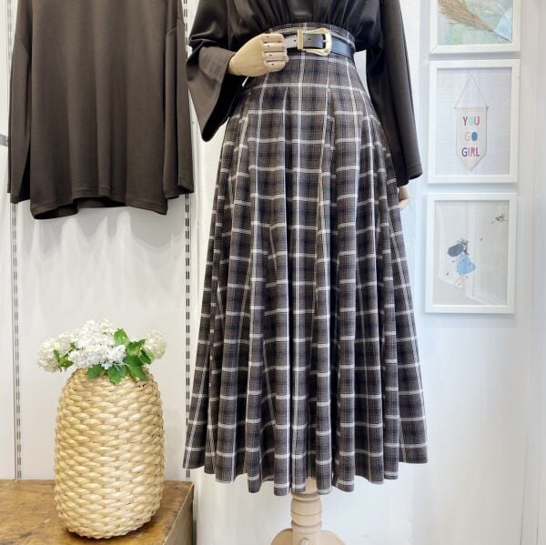 Kahverengi Kemer Detaylı Ekoseli Grazia Etek