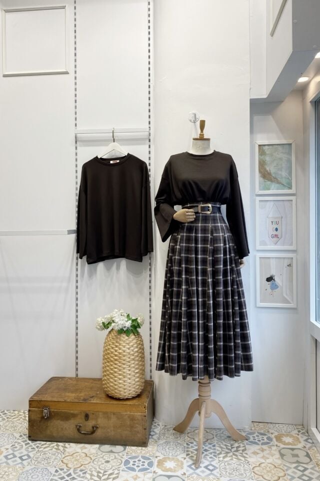 Kahverengi Kemer Detaylı Ekoseli Grazia Etek