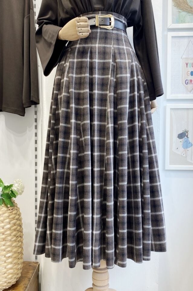 Kahverengi Kemer Detaylı Ekoseli Grazia Etek