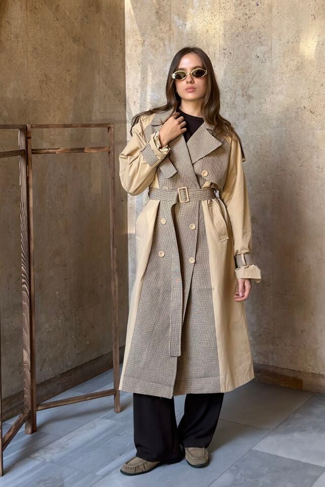 Ekose Detaylı Gabardin Kumaş Trençkot