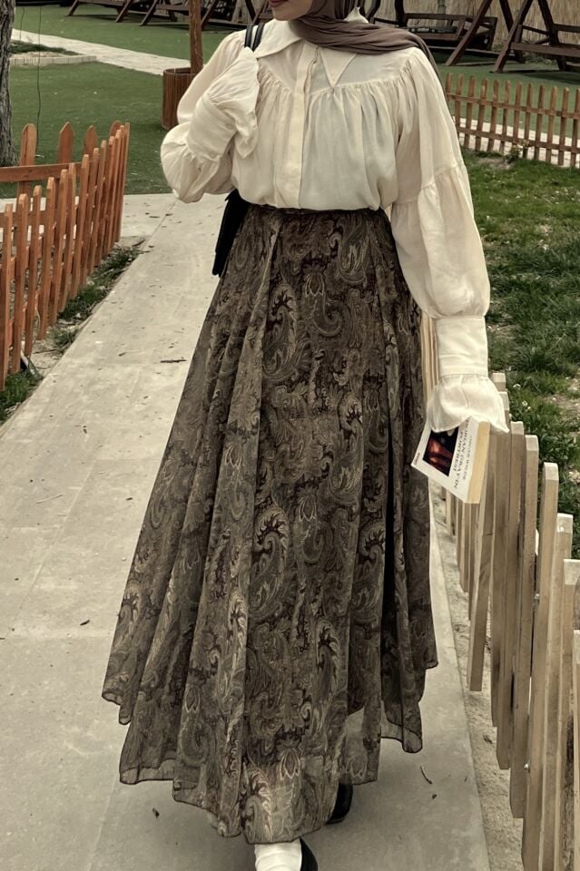 Faya Girls x Şal Desenli Yeşil Şifon Etek