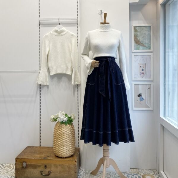 Lacivert Kuşak Detaylı Kot Etek